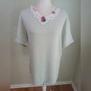 Southern Lady Vintage Knit Lace Collar Rosettes Short Sleeve Top